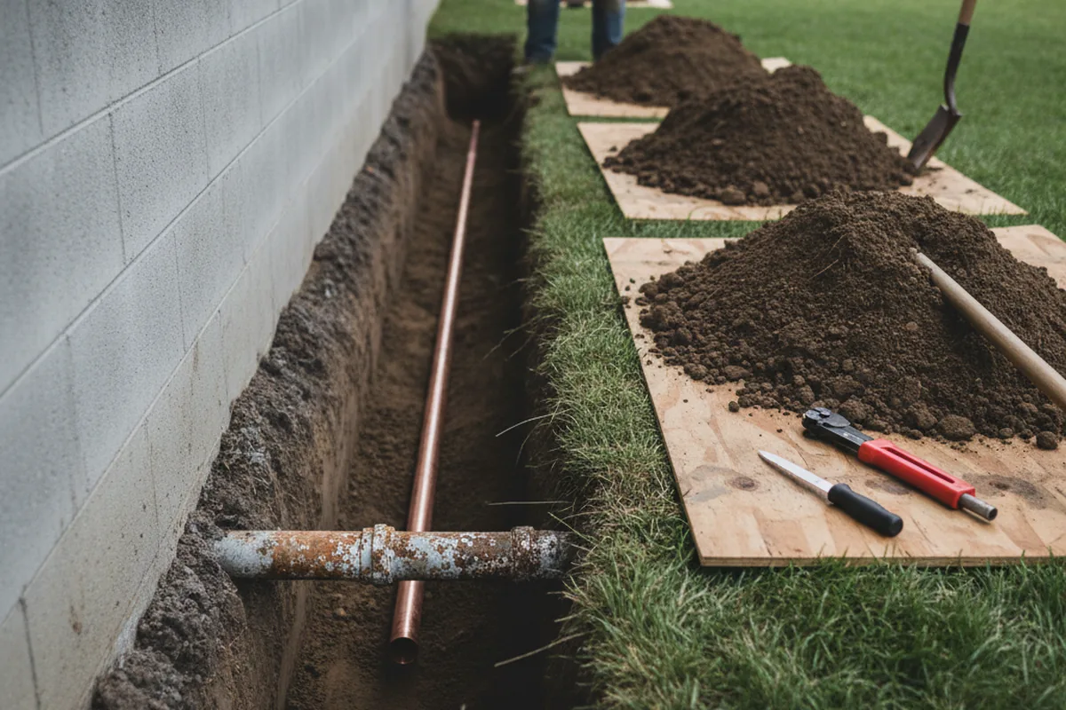 Excavated water line trench during Sewer Line Repair in Rocky Hill